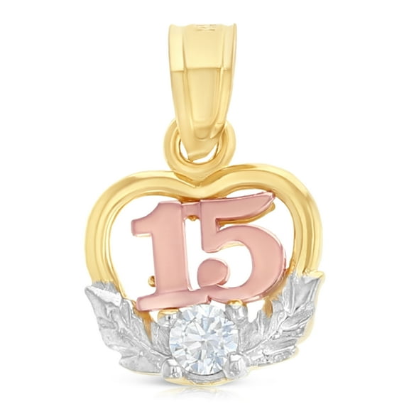 Ioka-14K Tri Color Gold Sweet 15 Years Quinceanera Heart Cubic Zirconia CZ Charm Pendant For Necklace or Chain