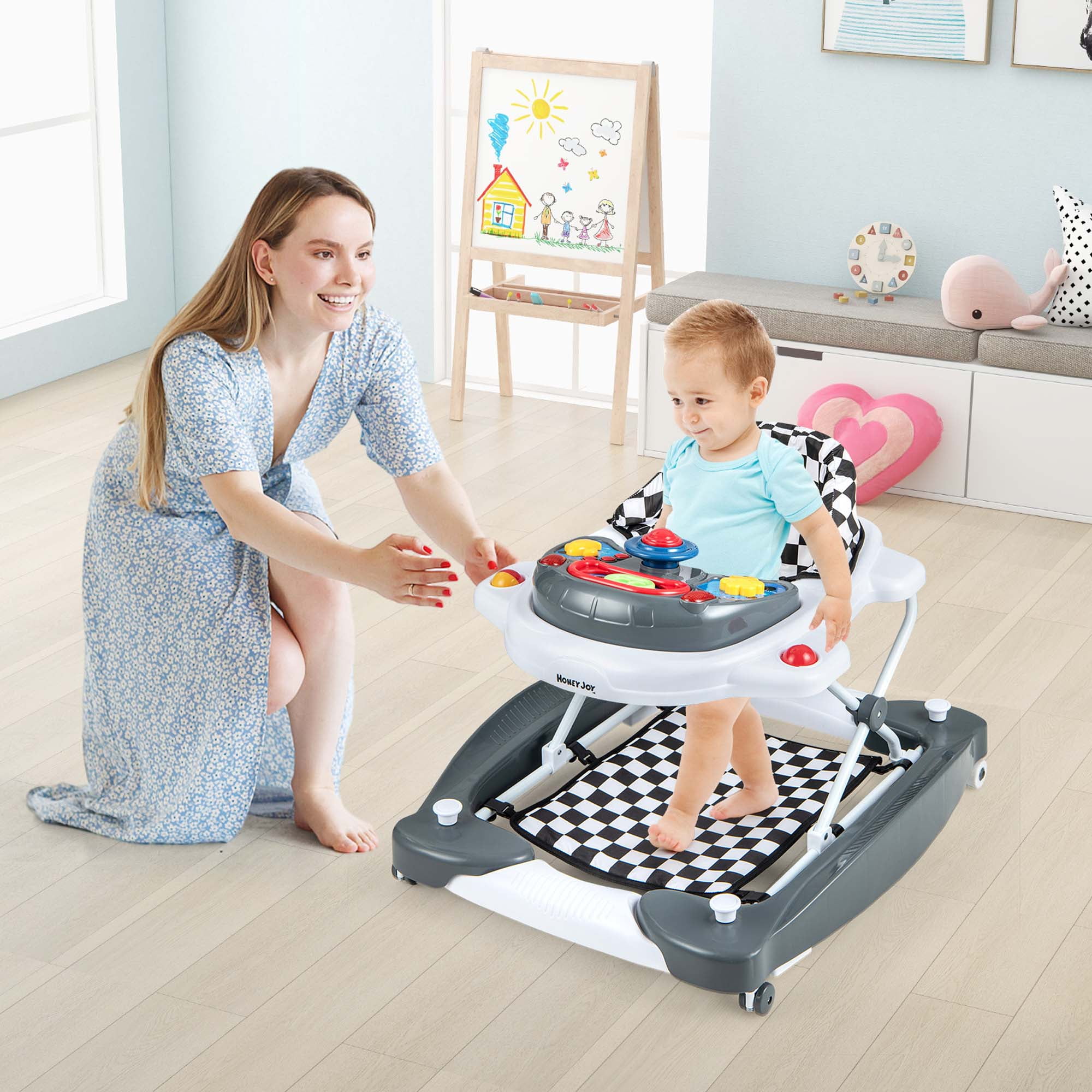Costway 6 in 1 Baby Walker Adjustable Walker & Activity Center with Music 6-14 Months Gray