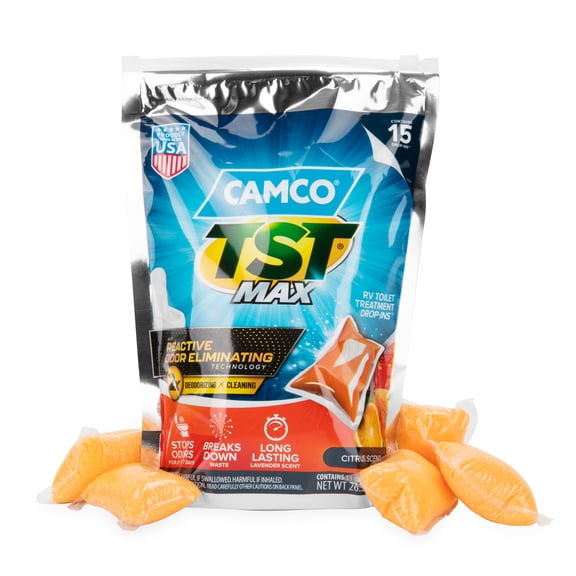 Camco TST RV Toilet Treatment Drop-ins, Orange Citrus Scent, 15-Pack (41189)
