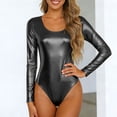 thumbnail image 5 of larppty Women's Shiny Metallic U Neck Long Sleeves Gymnastics Ballet Dance Leotard Bodysuit（Black， L）, 5 of 9