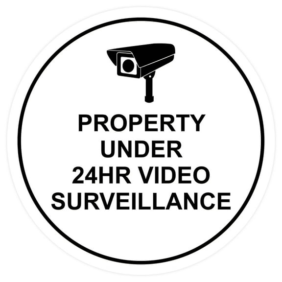 Circle Property Under 24hr Video Surveillance Wall / Door Sign - White (Medium)