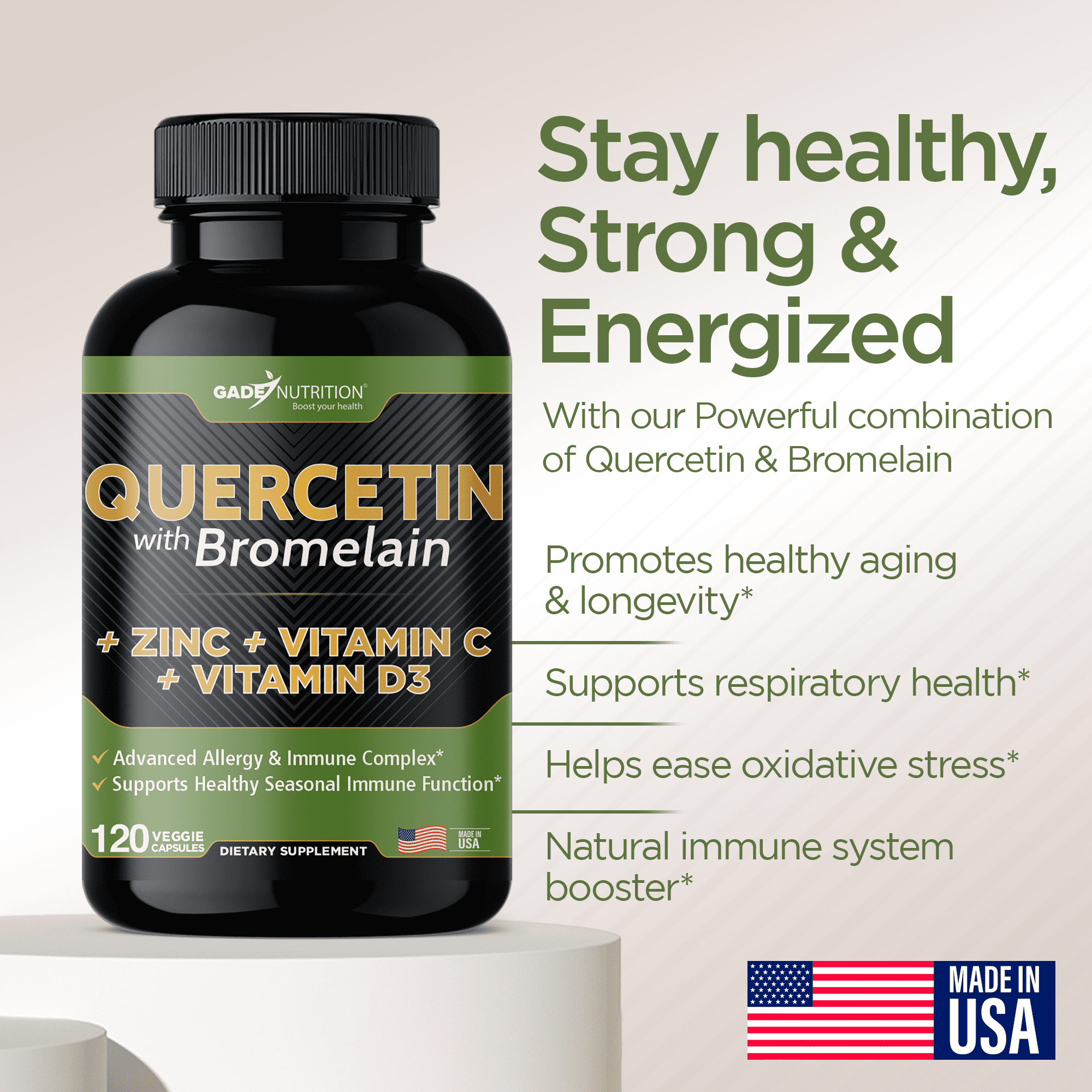 Gade Nutrition Quercetin with Bromelain, Vitamin D, Vitamin C, and Zinc - 360 Veggie Caps - 6 Month Supply
