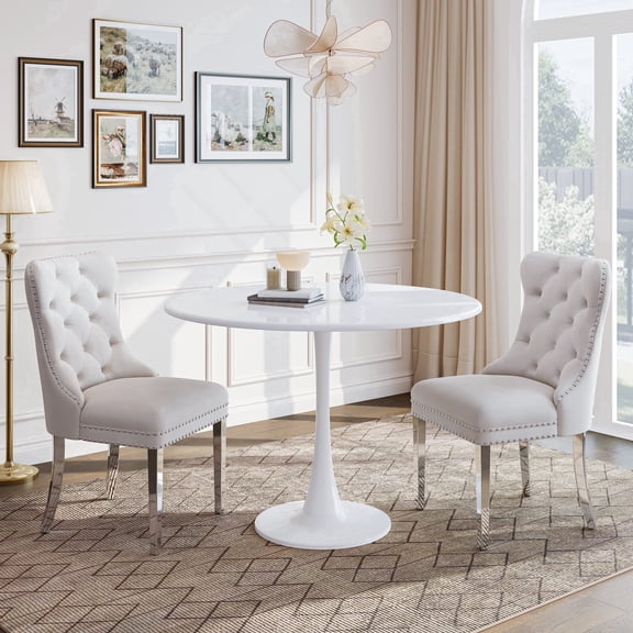 Dining Table Set for 2, 31.5" Round Table with All-Metal Tulip Pedestal Table, Velvet Nailhead Trim Chairs with Stainless Steel Legs, Modern Kitchen Dining Set for Apartment, Small Spaces, White