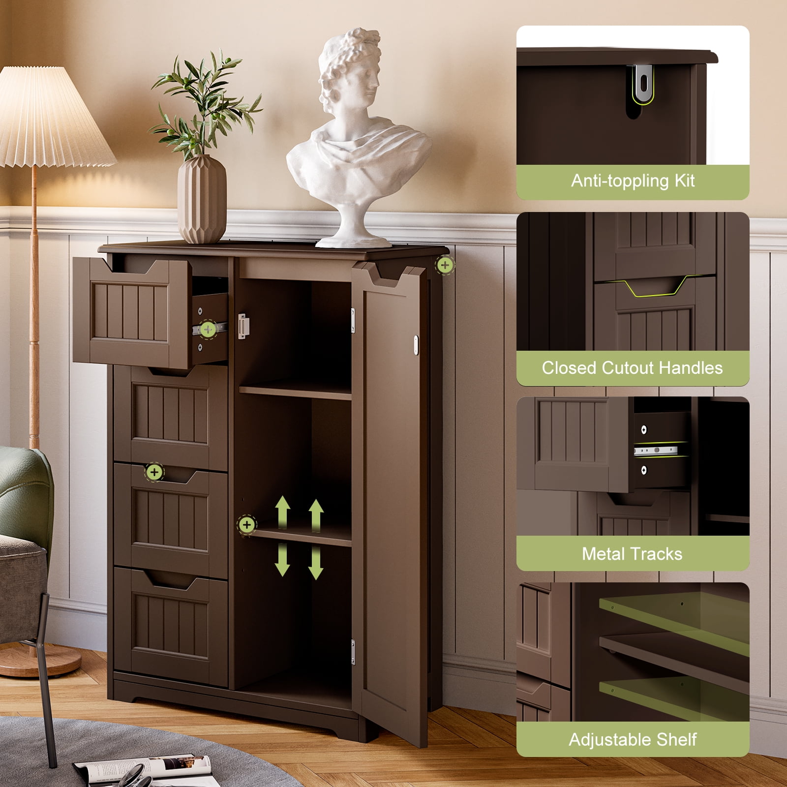 Pantry Cabinet, Lofka 33" Small Kitchen Pantry Storage Cabinet with 1 Door, 2 Shelves, 4 Drawers, Dark Brown