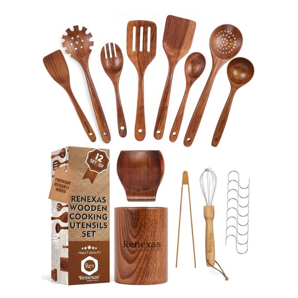 Renexas 12 Pcs Wooden Spoons for Cooking Utensils, Natural Teak Wooden Cooking Spoons with Nonstick Spatula Set, Bamboo Kitchen U