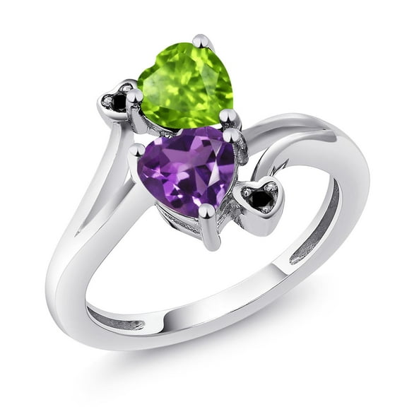 Gem Stone King 925 Sterling Silver Green Peridot Purple Amethyst and Black Diamond Ring for Women (1.51 Cttw, Heart Shape 6MM, Gemstone August Birthstone, Size 9)