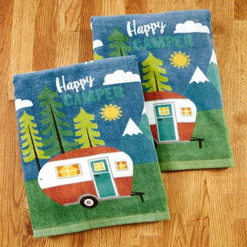 Sets of 2 CampingThemed Kitchen TowelsHappy Camper