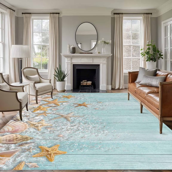 Teal Starfish Coastal Area Rugs 8'x10', Washable Small Throw Rugs for Living Room Patio, Summer Beach Shell Wooden Indoor Outdoor Rug Non-Slip Low Pile Carpet Runner Reversible Floor Mats