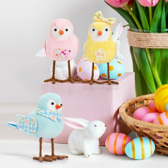 Dalrosia Easter Plush Bird Holiday Standing Birds Figurine Ornaments with Long Leg & Printed Scarf and Bow Perfect for Table Fireplace Indoor Home Decoration Easter Party Idea Gift