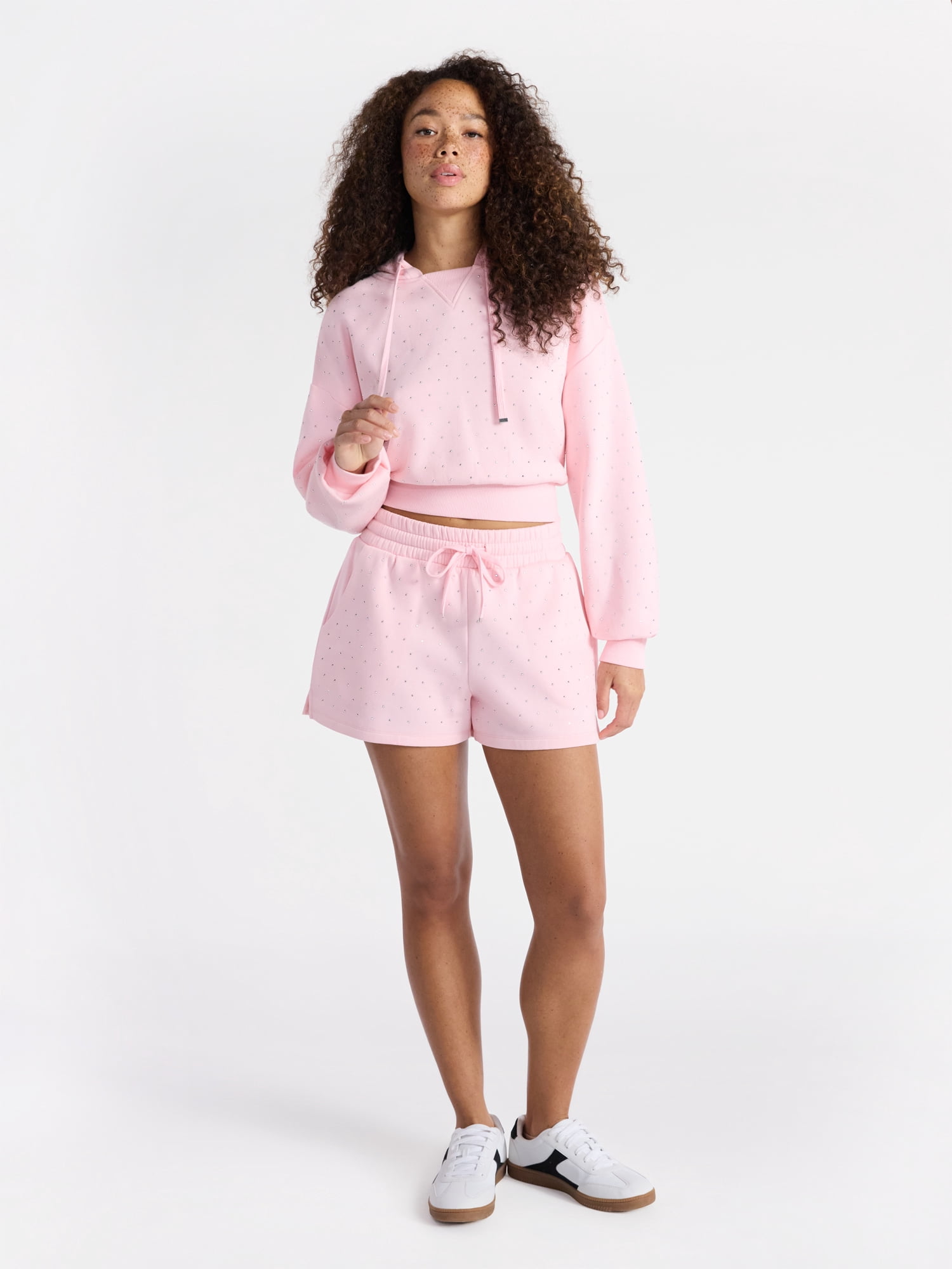 No Boundaries Faux Rhinestone Cropped Hoodie and Shorts Set, 2-Piece, Women’s
