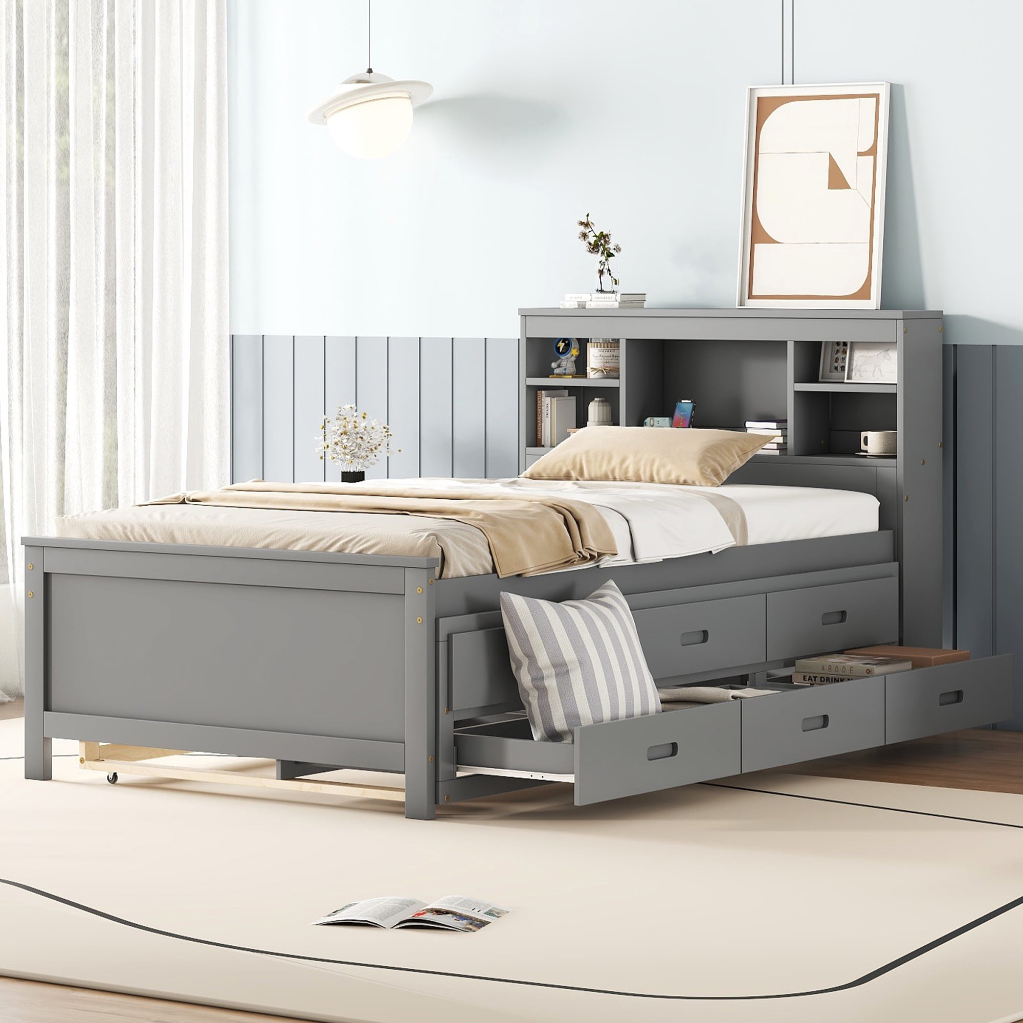 Euroco Wood Twin Size Platform Bed with Storage Trundle Bed and Drawers, USB Charging and Shleves, Gray