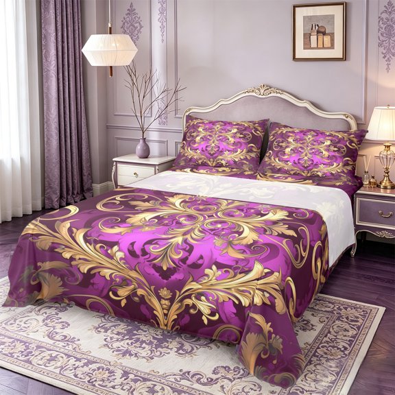 Manfei Retro Damask Print Twin Sheet Sets,Vintage Baroque Flower Twin Fitted Sheet,Gold Purple Flat Sheet For Men Women,Super Cozy Room Decor,3-Piece