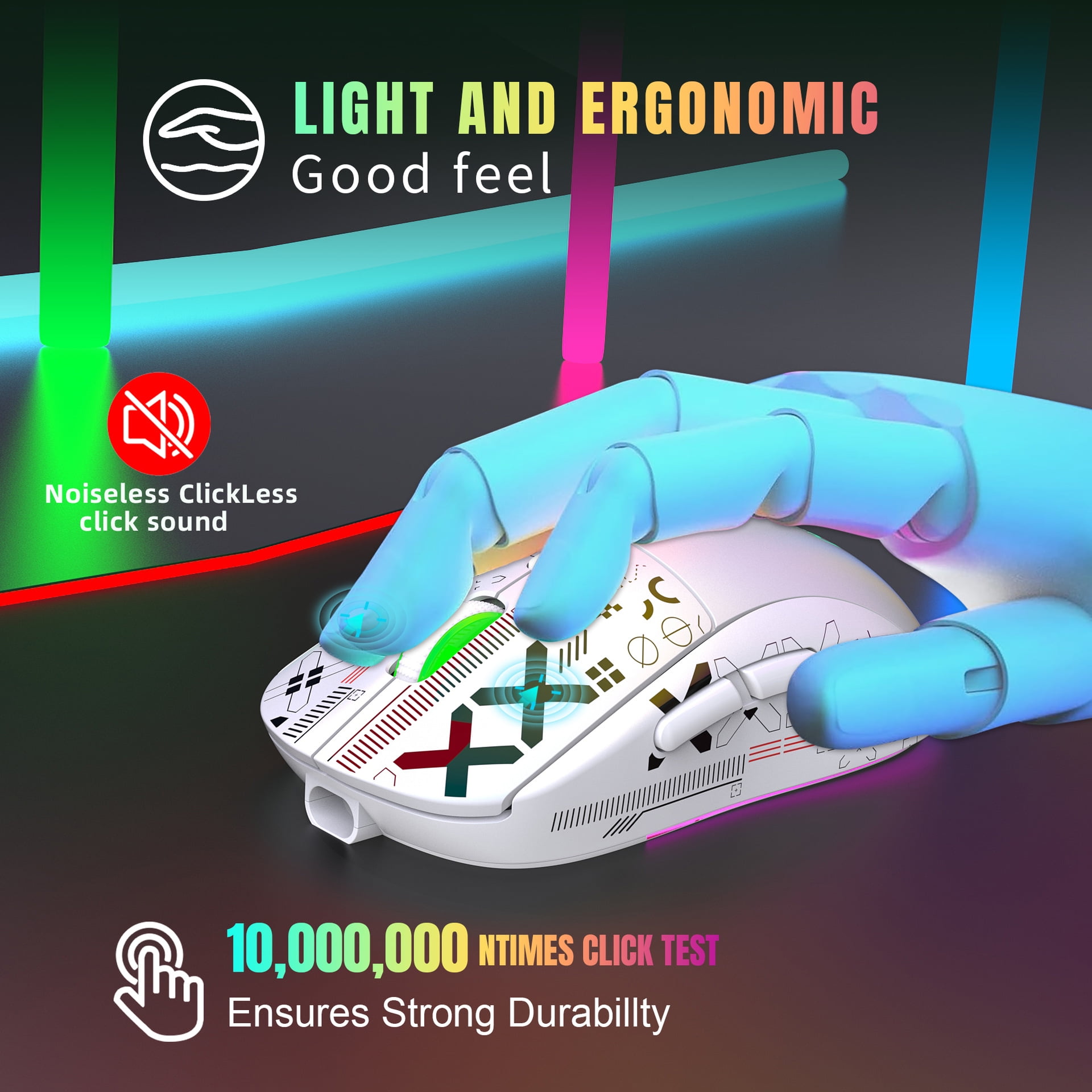Bluetooth Mouse Multi-Device,Rechargeable Wireless Gaming Mice,3 Modes (BT5.0,BT3.0 and USB 2.4GHz),3600 DPI,12 Lighting Modes RGB Rainbow Backlit