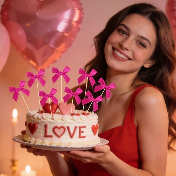 Bow Cupcake Toppers for Bowknot Theme Birthday Party, Polyester Satin Ribbon Bowknot Cake Picks for Wedding Bridal Shower and Engagement Party Dessert Decoration