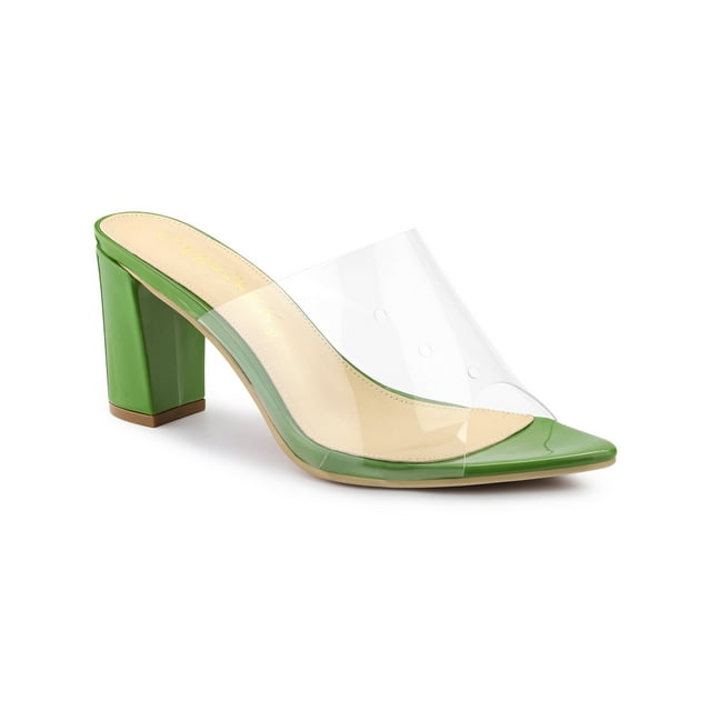 BLISSFUL STEP Women's Clear Point Toe High Block Heel Mules Slides Sandals Green 8.5