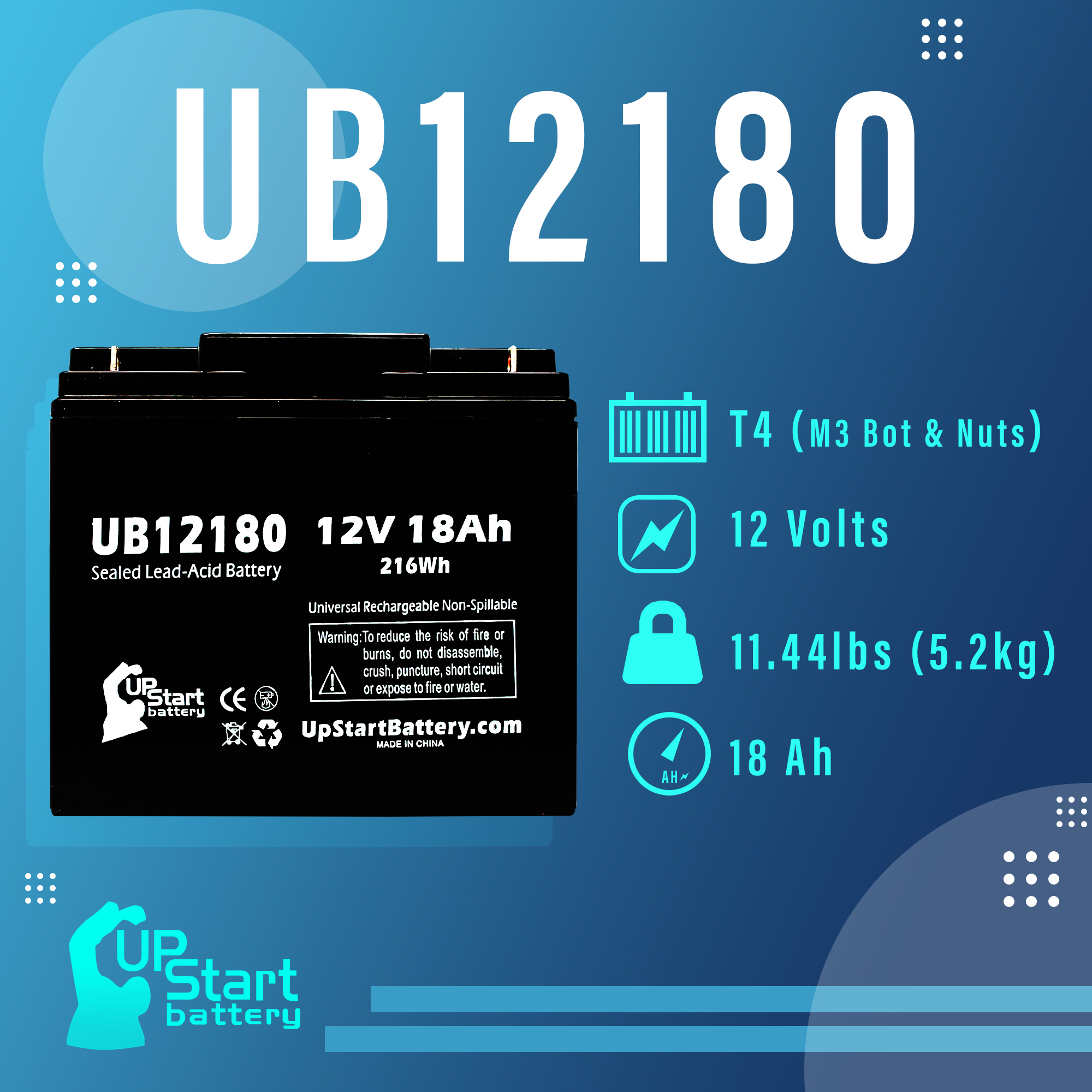 KUNG LONG WP18-12 Battery Replacement - UB12180 Universal Sealed Lead Acid Battery (12V, 18Ah, 18000mAh, T4 Terminal, AGM, SLA) - image 2 of 6
