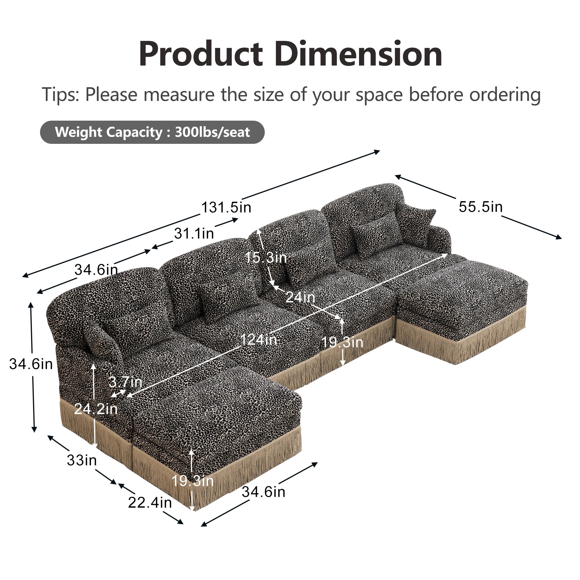 131" Chenille Leopard Tassel Deep Seat U Shape 4 Seater Modular Sofa Couch with 6 Throw Pillows and 2 Ottoman