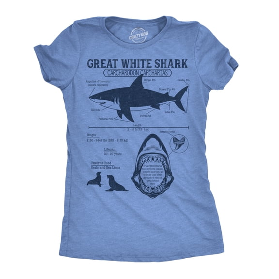 Womens Funny T Shirts Great White Shark Infographic Sarcastic Shark Lovers Tee For Ladies Womens Graphic Tees