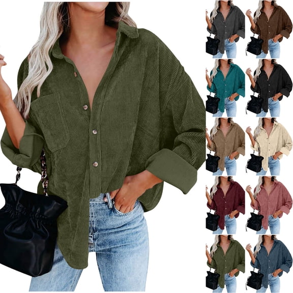 Maplenight Womens Corduroy Shackets Jacket Long Sleeve Button Down Shirts Loose Casual Lapel Ladies Blouse