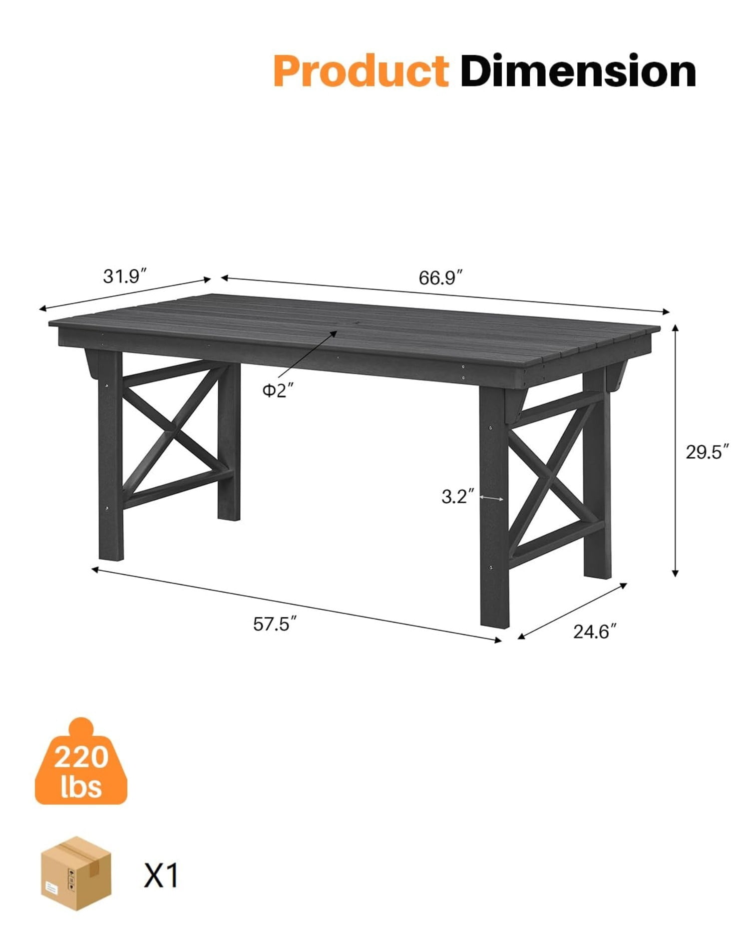 HDPE Outdoor Dining Table for 6, 66.9" Rectangular Patio Dining Table with 2.2" Umbrella Hole, All-Weather Outdoor Table for Backyard, Deck, Garden, Poolside, Obsidian