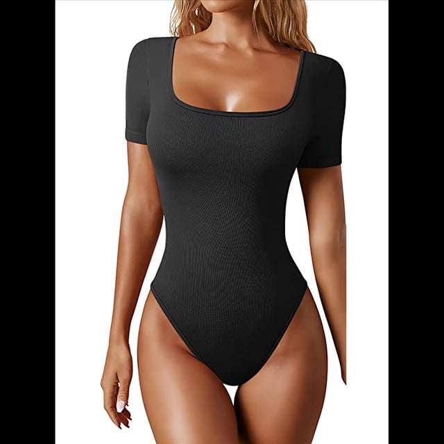 Body de Dos Piezas para Mujer, de una Pieza, Acanalado, con Cuello Cuadrado y Corta. Negro L