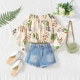 thumbnail image 2 of Afdoent Baby Girl Clothes Summer Girls Off Shoulder Floral Print Flared Sleeve Top & Denim Shorts 2 Piece Set Fashion 1-2 Years, 2 of 9