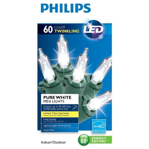 Philips 60 ct Led Mini Twinkling String Lights Pure White Green Wire