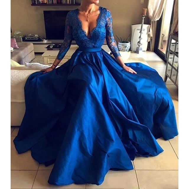 Vestido de noche de mujer con escote en V y manga larga con encaje en perspectiva Vestido con escote en V
