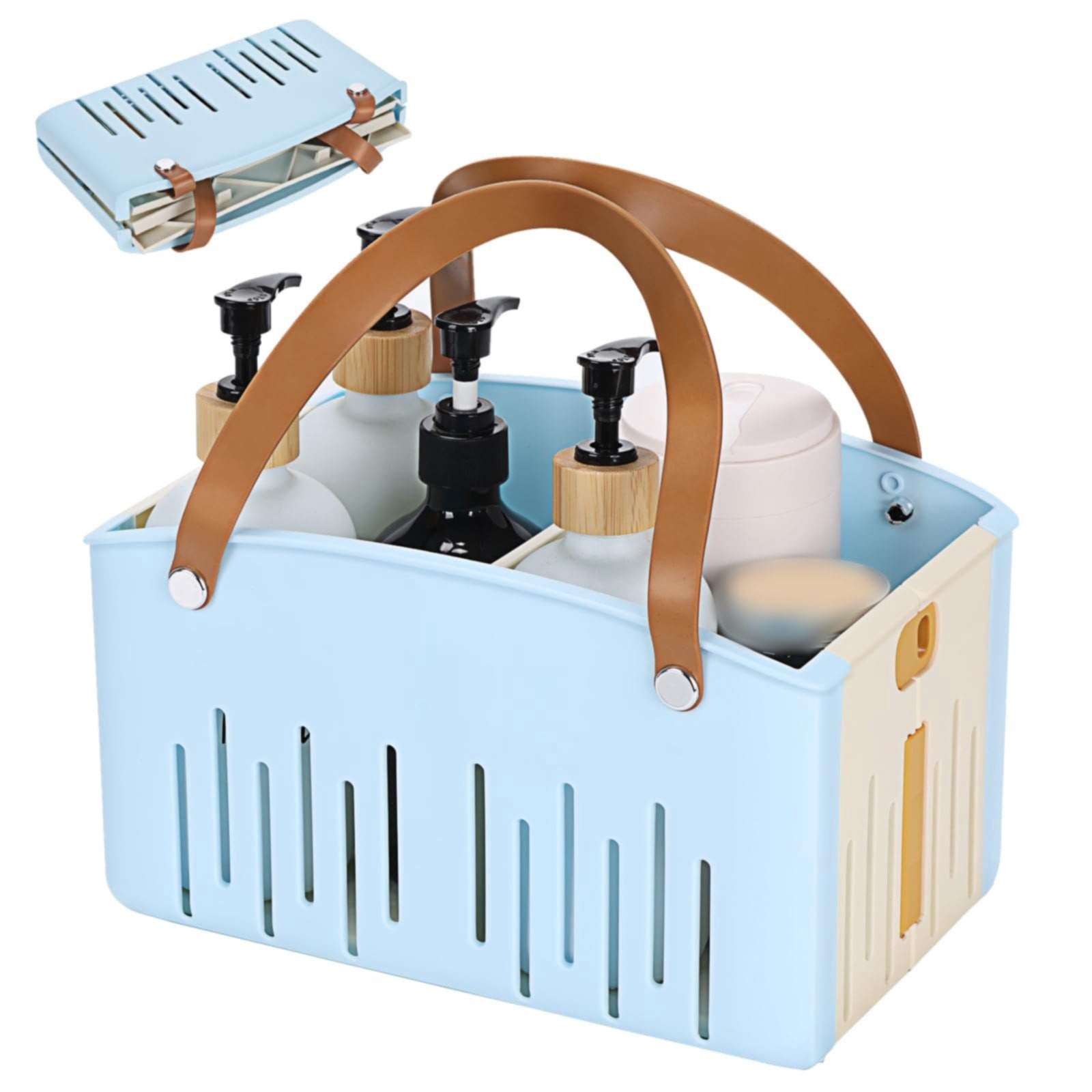 Portable Shower Caddy Basket, Plastic Collapsible Cleaning Organizer, Storage Tote with Handle, Removable Divider for College, Dorm Room, Camp, Gym, Dorm, Bathroom, 11.02x7.09x6.5"