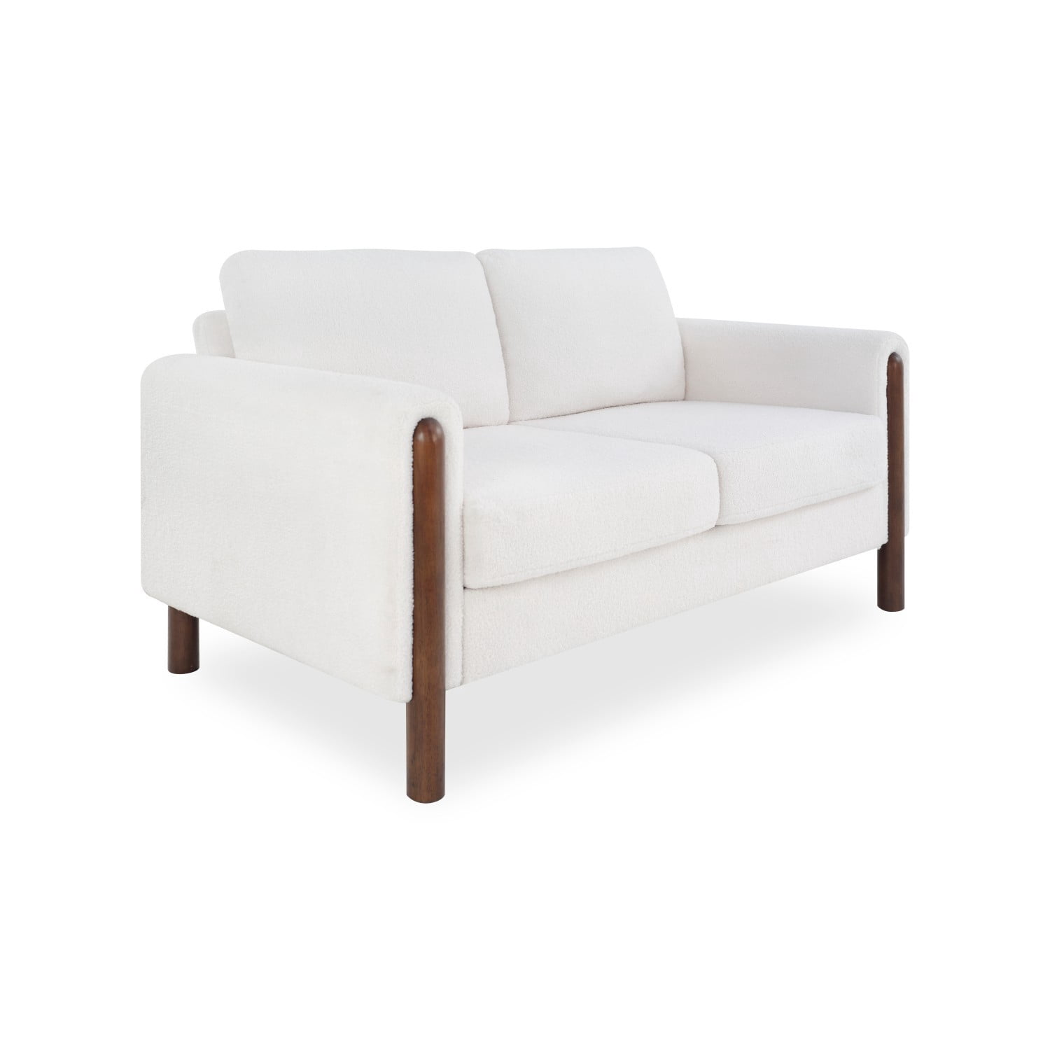 Mid Century Modern 2 Seater Loveseat Sofa Teddy Fabric Upholstered Couch with Walnut Legs and Back Pillows for Living Room Bedroom Office, White