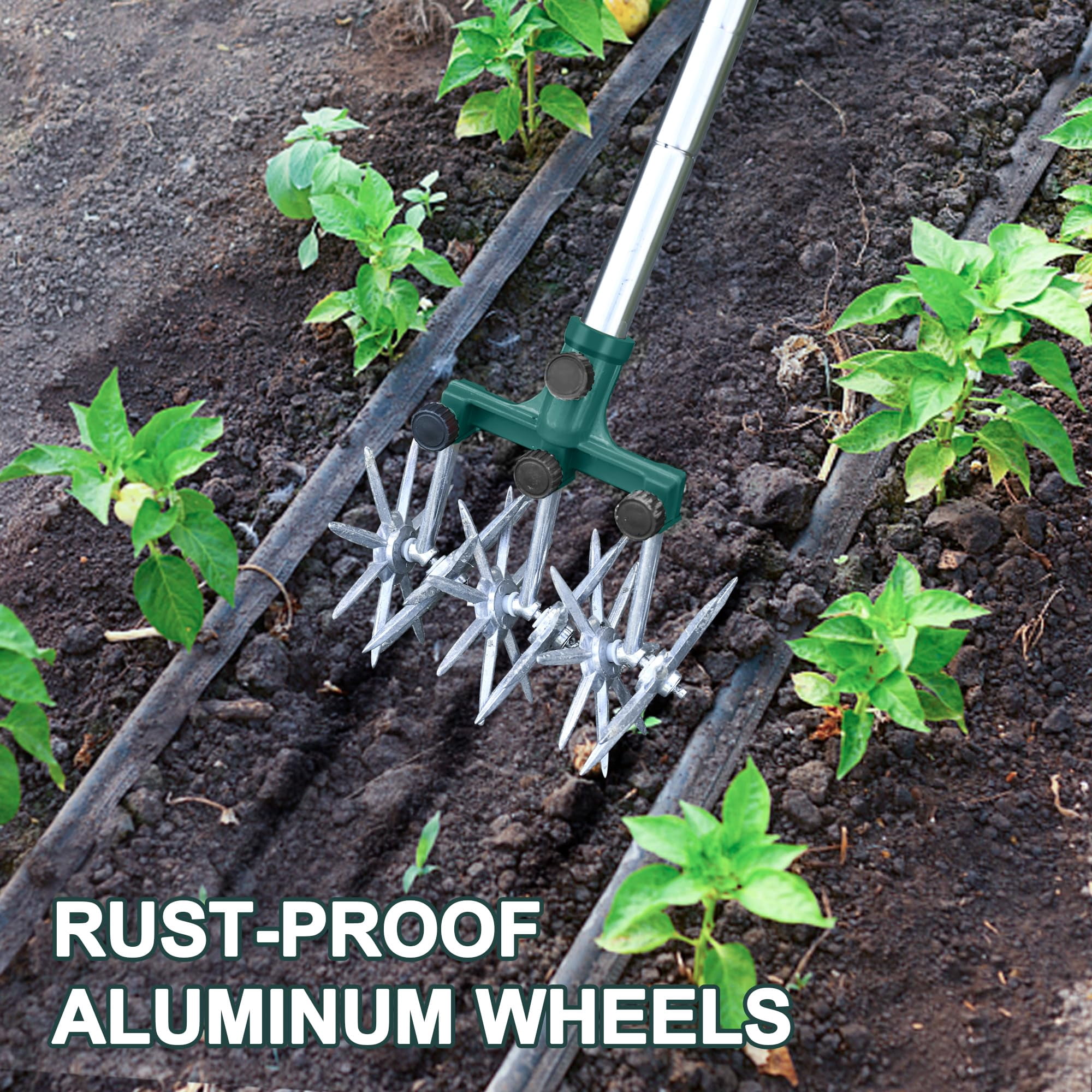 Rotary Cultivator Garden Tiller Adjustable Stainless Steel Poles Hand For Soil Mixing Or Reseeding Grass Lawn Total Length 57 Inch