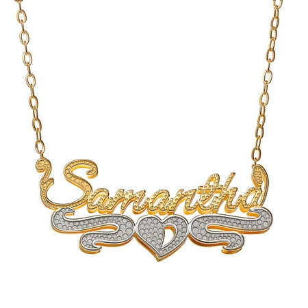 Personalized Women's Two-Tone 3-D Double Stack Script Nameplate Necklace with Heart Tail