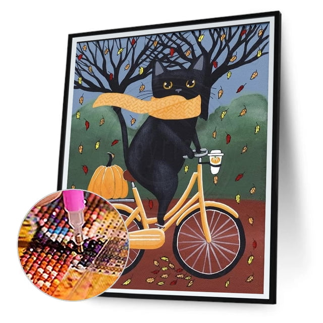 Cuadros Decorativos Gato negro montando bicicleta 5D DIY Kit de pintura de diamante Taladro redondo completo (G1074) Tmvgtek embutido en tela