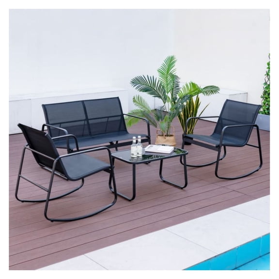 4 Piece Patio Rocking Set with Glass Table - Outdoor Furniture Set, Rocking Chairs & Loveseat - Backyard, Balcony, Poolside