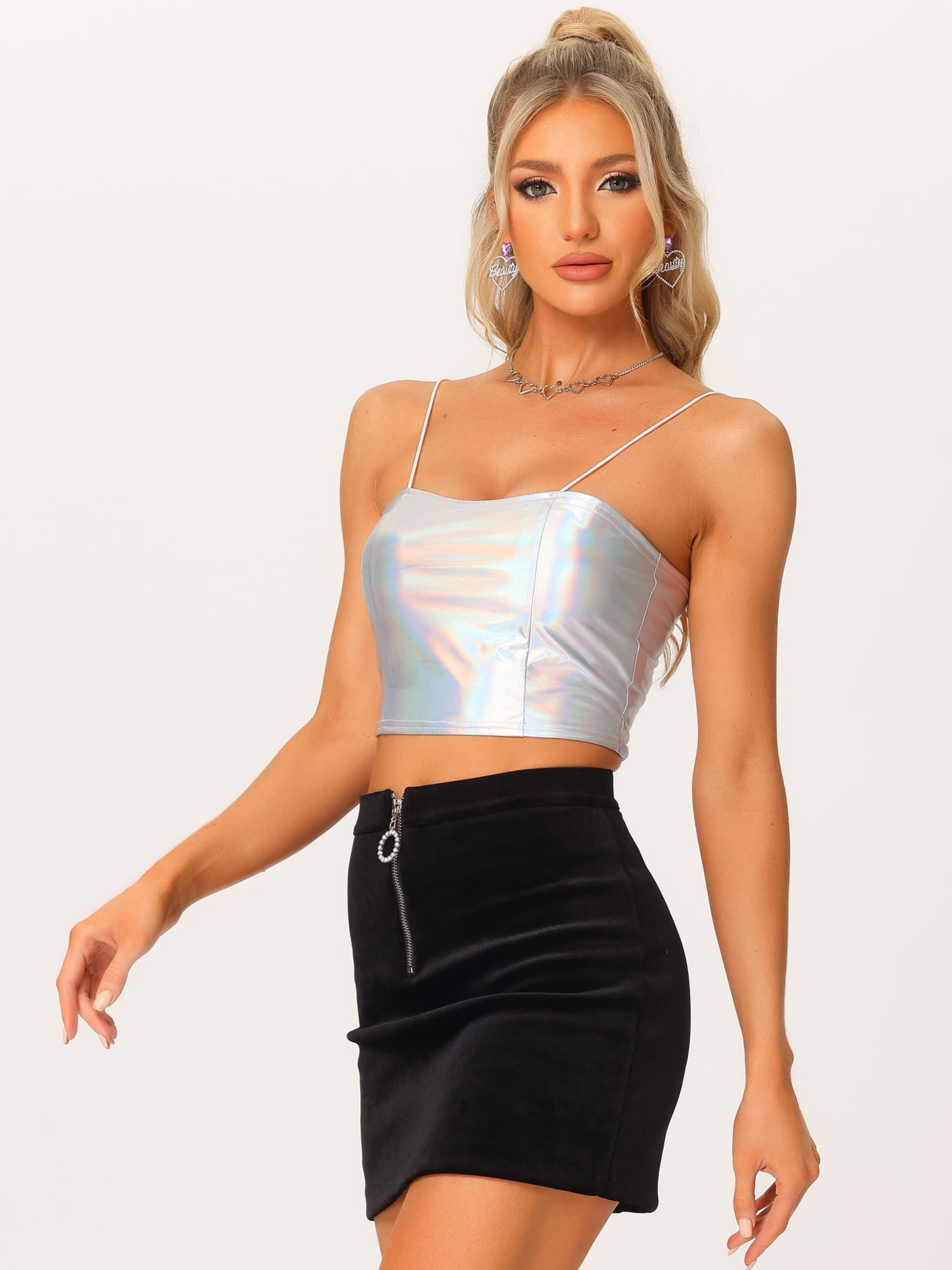 DARIGN DIVA Women's Sparkly Shiny Metallic Crop Cami Tops M Silver