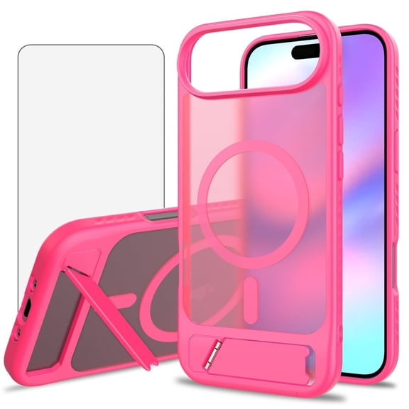 Asuwish Compatible with iPhone 17 Air 6.5 inch Phone Case Tempered Glass Screen Protector Magnetic Translucent Back Folding Stand Shockproof Protective Cover for i Phone17 i17Air Women Men Rose Red