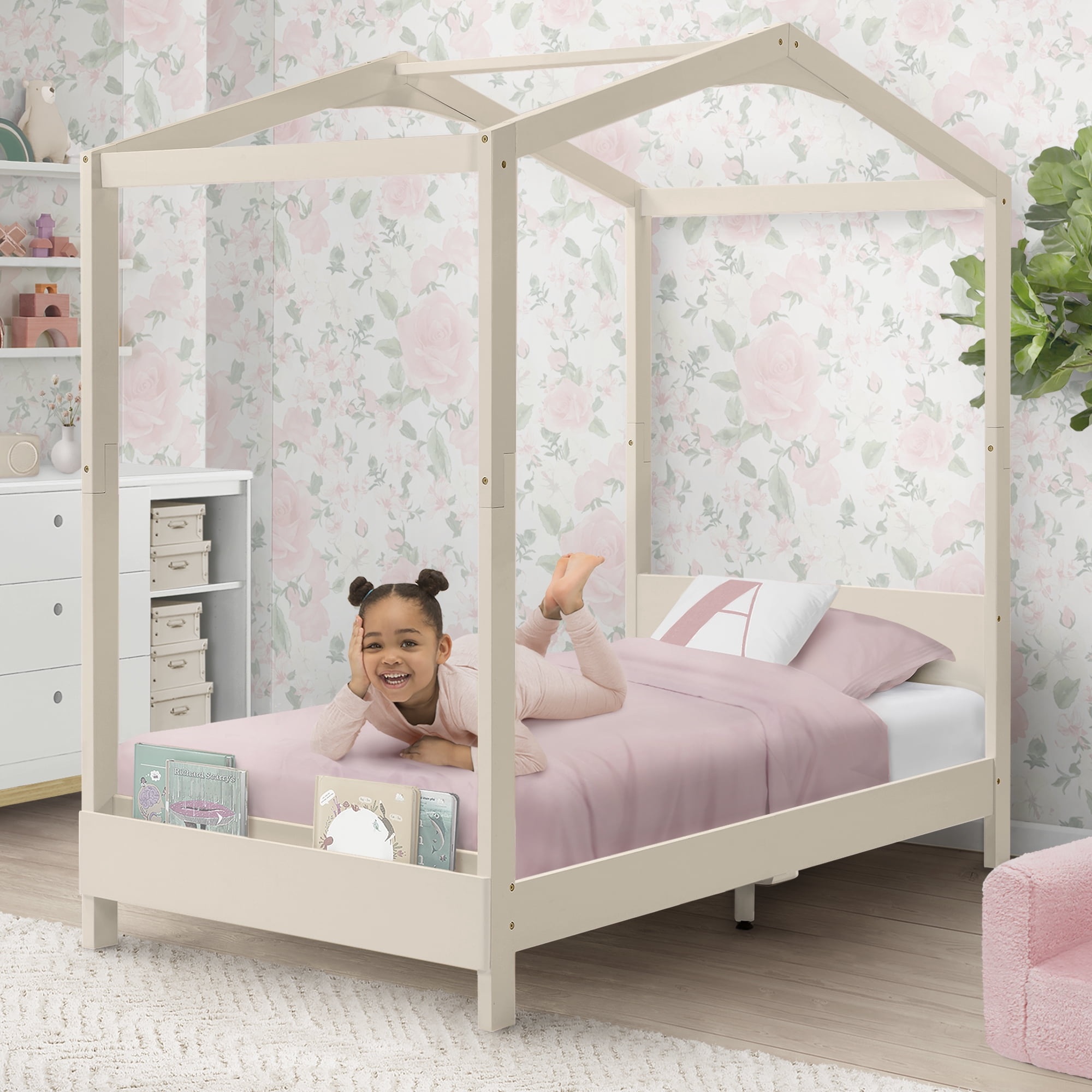 Delta Children Poppy House Wood Twin Bed, Platform Bed - No Box Spring Needed, Natural Sandstone
