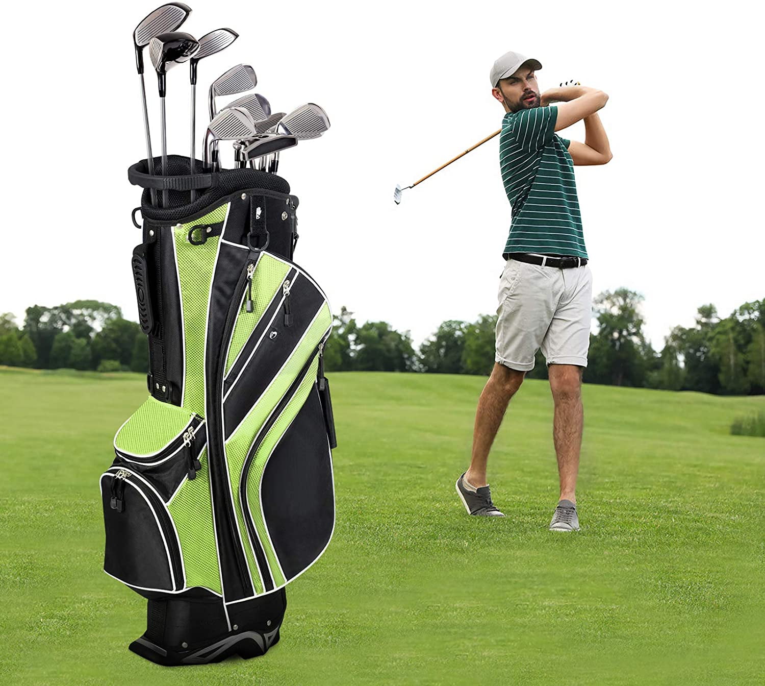 ZJTER Golf Stand Bag with 6 Way Top Dividers, Lightweight Golf Bag with Adjustable Dual Strap & 8 Pockets, Waterproof Rain Hood, Portable for Men Women