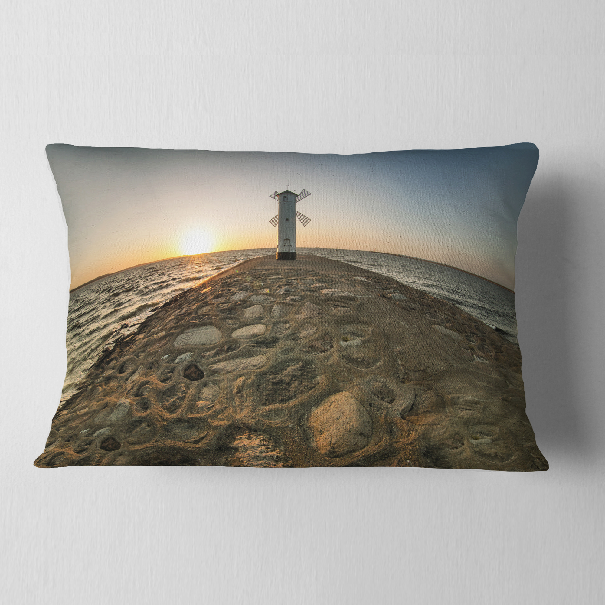 Designart Lighthouse Windmill Stawa Mlyny - Seascape Throw Pillow - 12x20