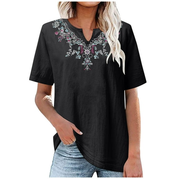 miqiqism Womens Cotton Linen Tops Summer V Neck Tshirts Juniors Loose Short Sleeve Basic T-Shirt Teen Juniors Casual Printed Embroidery Classic Blouses,Black,Large