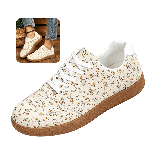Willtoo Womens Floral Print Sneakers Casual Lace‑Up Retro Trainer Shoes Lightweight Fashion Flats for Daily Outings