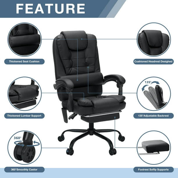 Hoffree Executive Office Chair Massage and Footrest Ergonomic Computer Desk Chair Reclining High Back Leather Office Chair Lumbar Back Support Swivel Rolling for Home Office Black Walmart Business Sup...