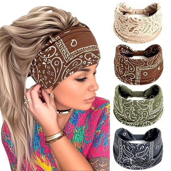 4-Pack Paisley Bandana Headbands, Soft Elastic Wide Hair Bands for Gym & Daily Wear