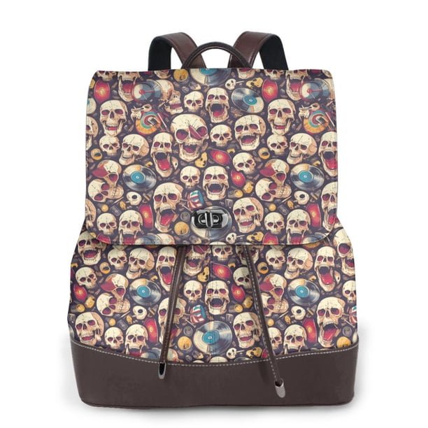 Fotbe rock record music Skull Mochila Bolso con Estampado para Mujer, Mochila Antirrobo de Nylon Impermeable, Bolsa Ligera de Hombro