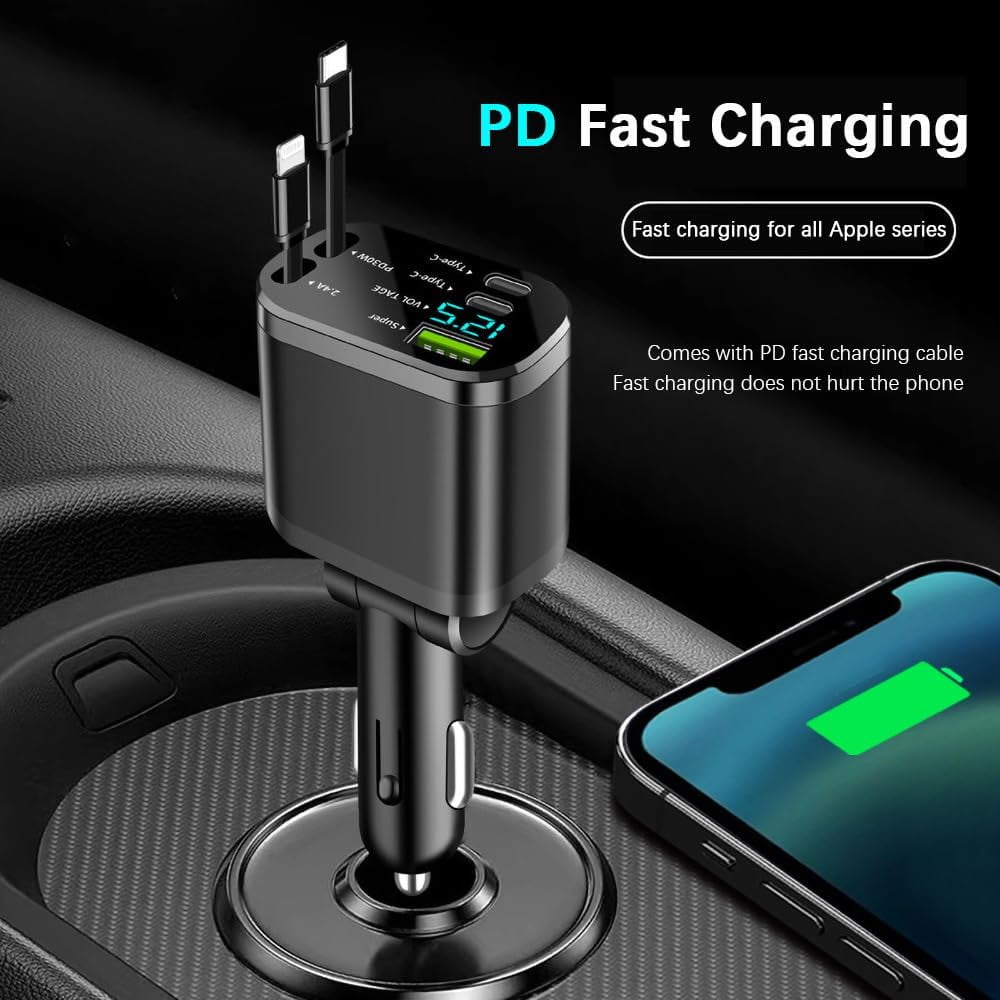 MHAWBL-90W Multi-Port Car Charger with Voltage Detection, Super USB-A +2C Fast Charging with Cable L2.4A +PD30W Retractable Cable for iPhone15/16, Compatible with iPhone/Samsung/Android/iPad and More