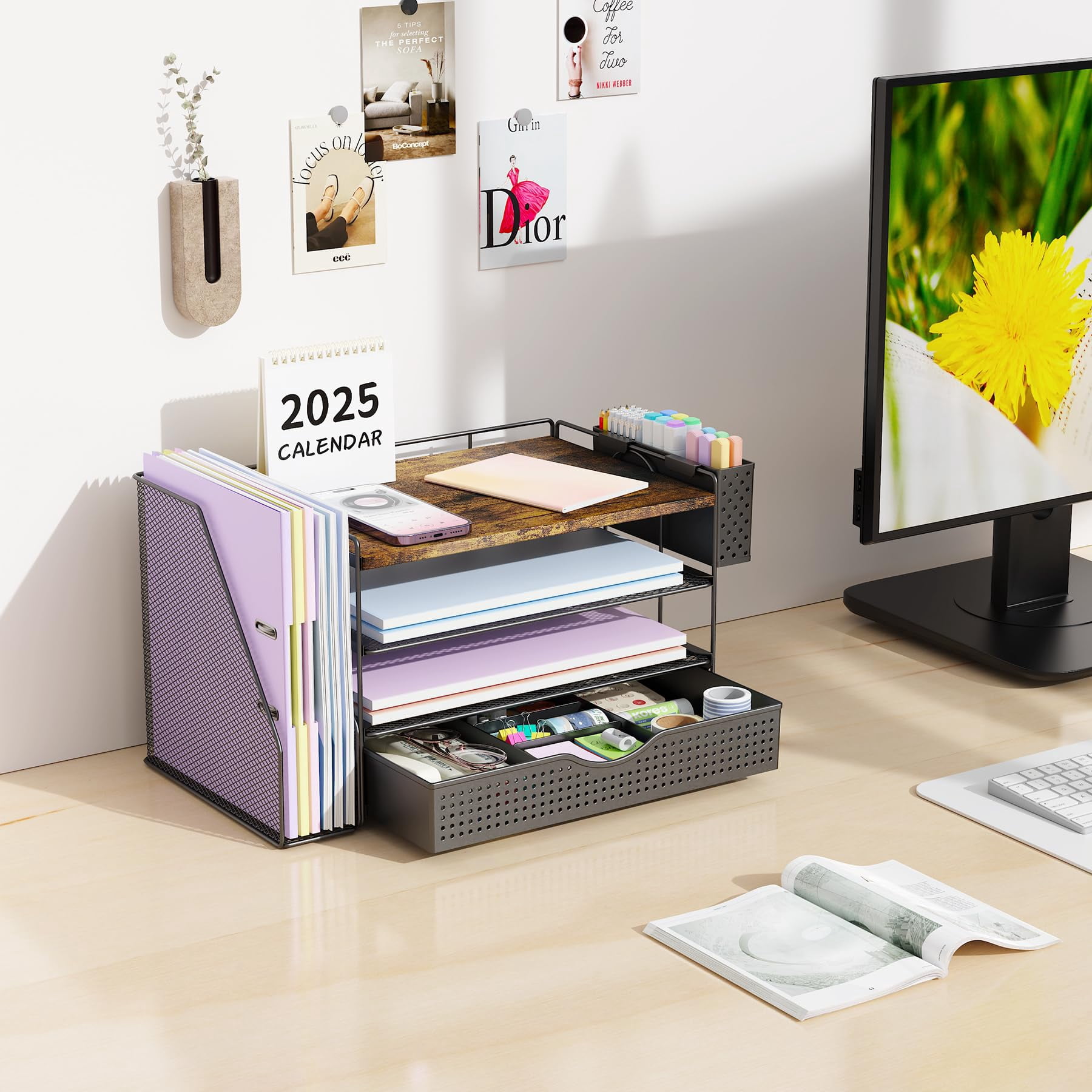 Wood Desk Organizers And Accessories With File Holder  4-tier & Workspace Drawer Pen Reference Organizer (wood)