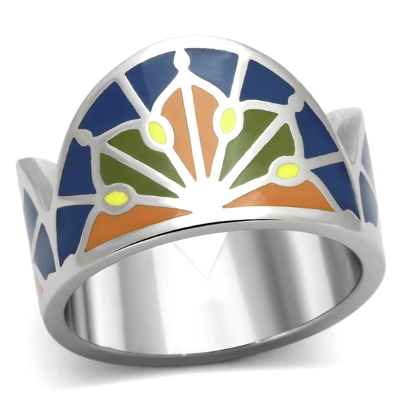 High polished (no plating) Stainless Steel Ring with Epoxy in Multi Color for Women Multi Color Stone Color Style TK842 Size 10