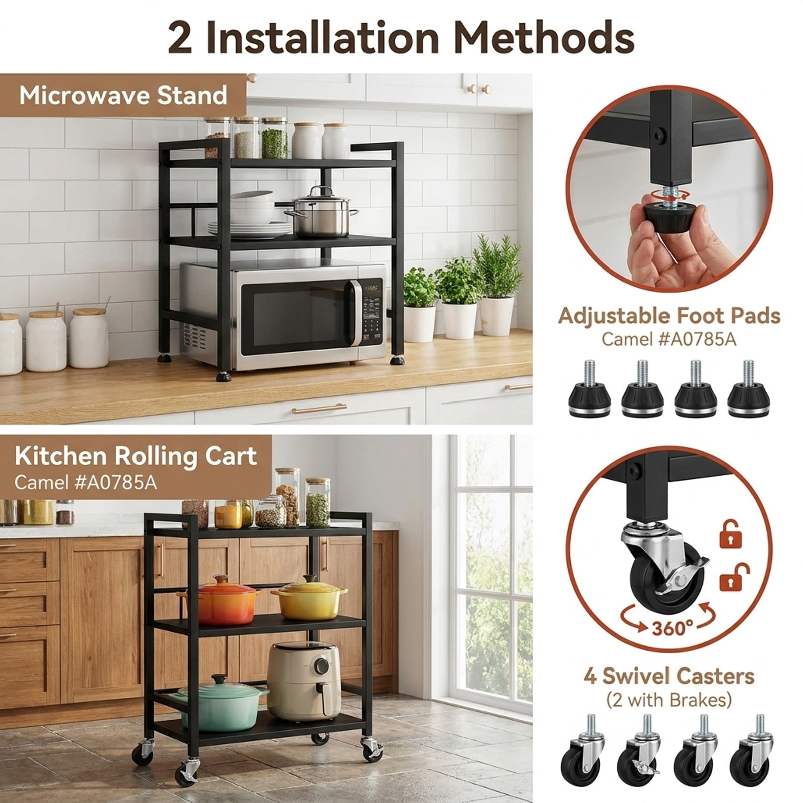 Furnibear Black 3-Tier Rolling Microwave Cart with Power Outlet Lockable Wheels and 10 Hooks