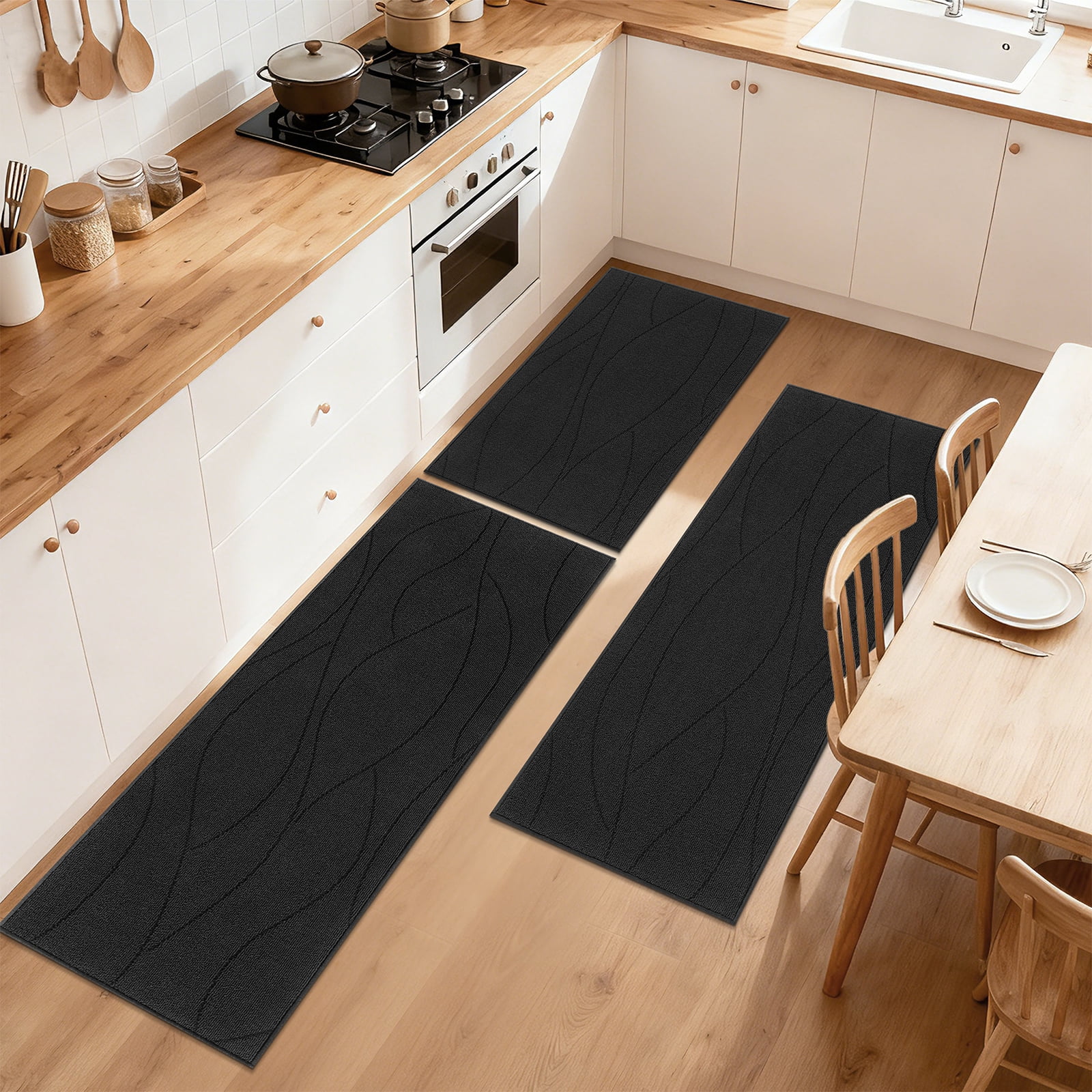MeyJey Geometric Lines Kitchen Rugs Sets of 3, Non Slip Washable Kitchen Mats for Floor, Black
