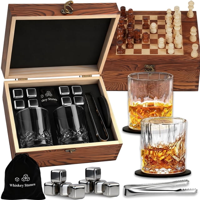 FURRIFIC Juego de Vasos para Whisky (Juego de Ajedrez) 2 en 1, El Juego Incluye un Juego de Ajedrez Completo, 8 Piedras de Hielo, 2 Copas de Vino, 2 Posavaso setc. Regalos para Hombre